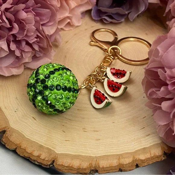 Crystal Watermelon & Watermelon Slice Charms Keychain - Picture 8 of 14